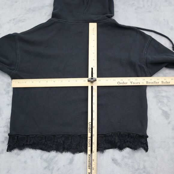 AC DC Sweatshirt Womens M Black Lace Trim Hem Drawstring Hoodie Activewear - Picture 4 of 16